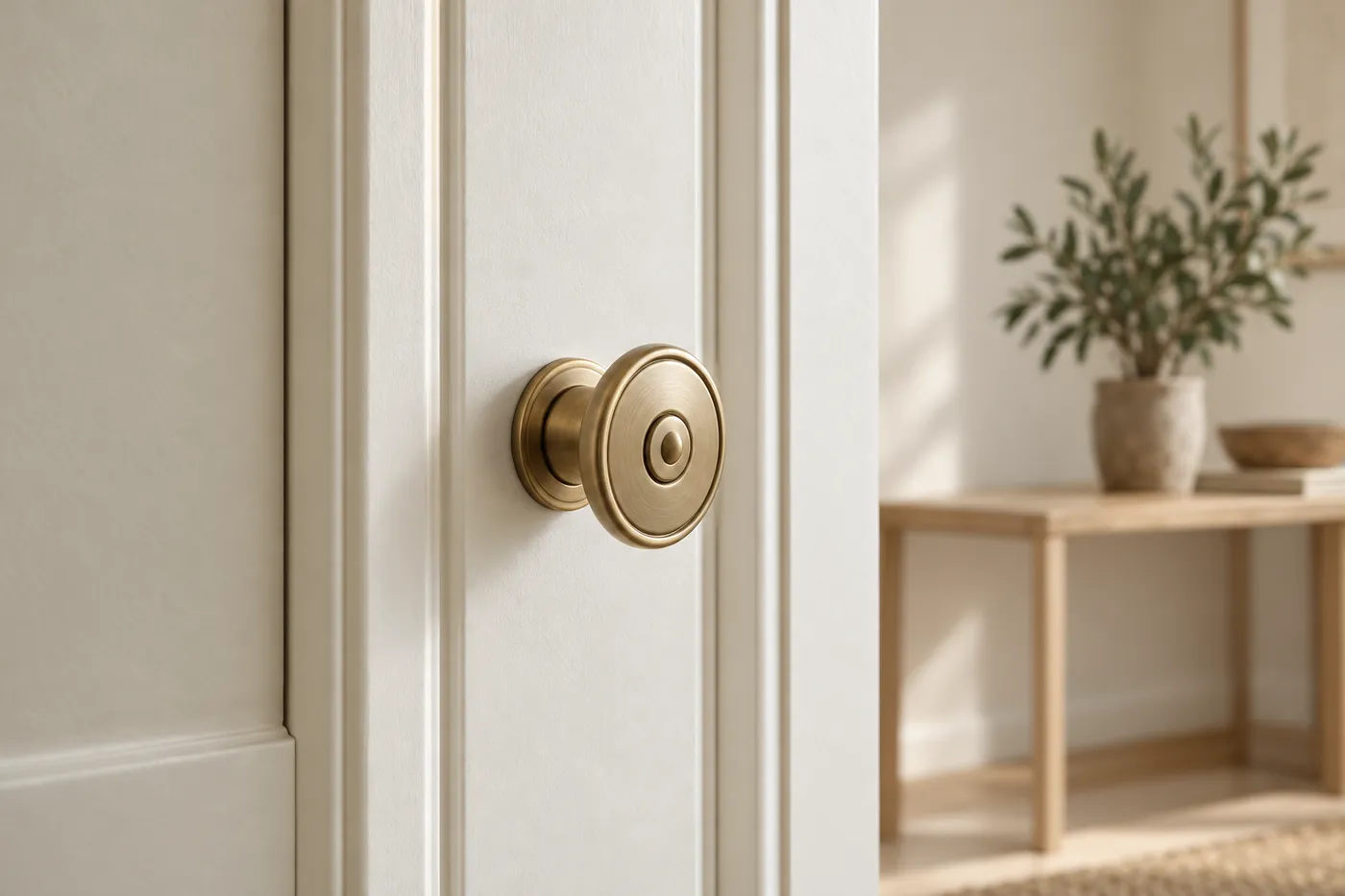 Porte intérieure crème fraîchement réglée, avec son bouton rond en laiton satiné