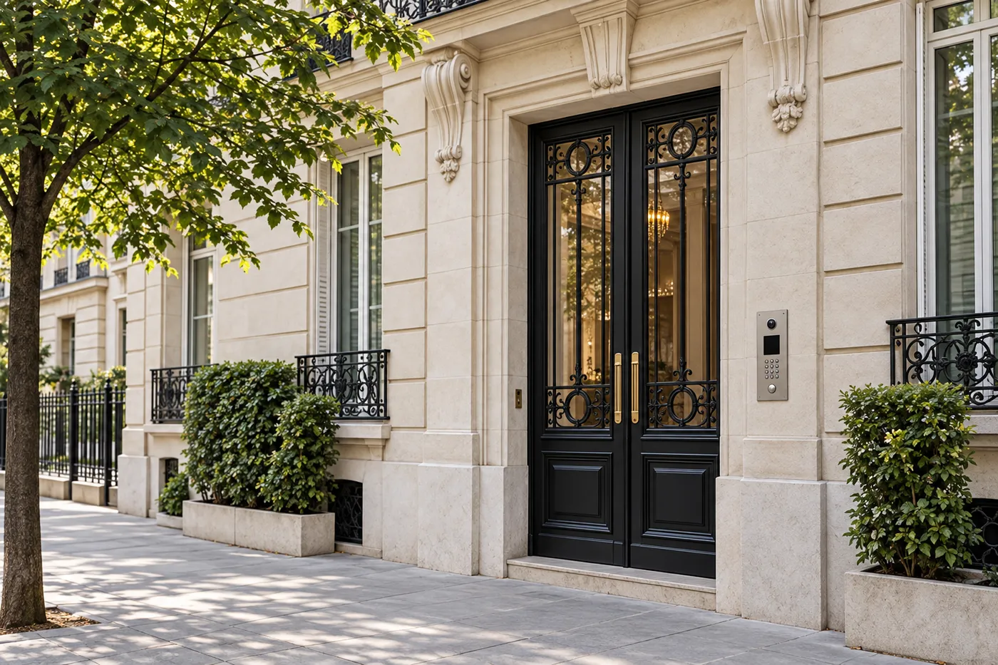 Porte d'entrée d'immeuble en fer forgé et vitrée avec platine d'interphone et digicode