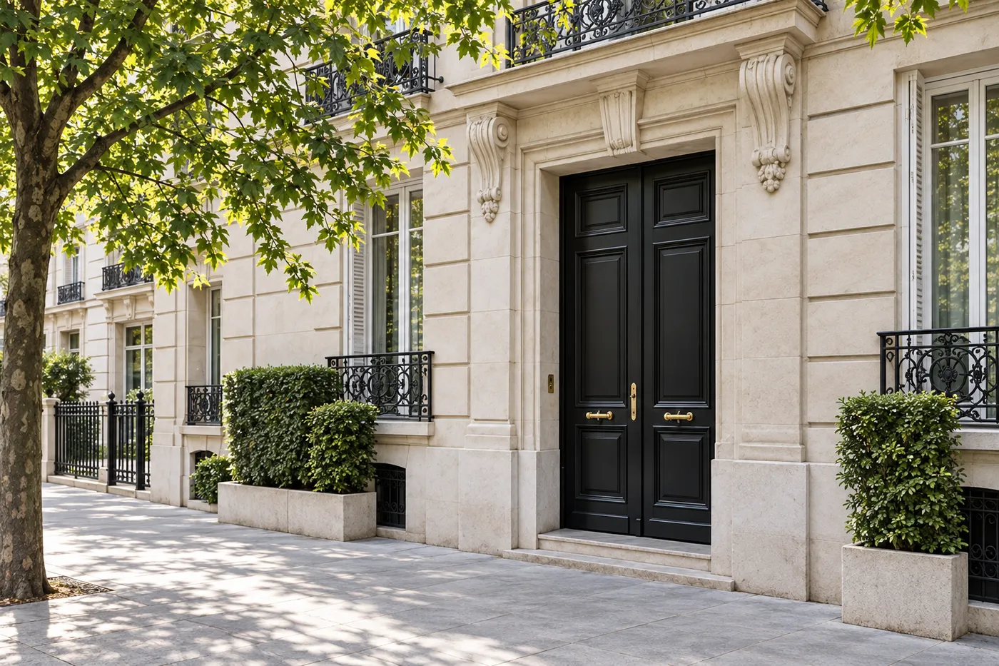 Entrée d'un immeuble en pierre de taille avec sa porte noire à double battant, sur une avenue arborée de Neuilly-sur-Seine